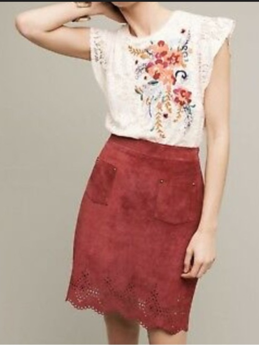 Maeve Burgundy Eyelet Hem Mini Skirt